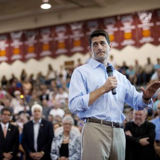 NORTH CANTON, OH - AUGUST 16: Republican vice presidential candidate U.S. Rep. Paul Ryan (R-WI) speaks at a campaign event at Walsh University on August 16, 2012 in North Canton, Ohio. Ryan is campaigning in the battleground state of Ohio after being named as the vice presidential candidate last week by Republican presidential hopeful Mitt Romney. (Photo by Jeff Swensen/Getty Images)