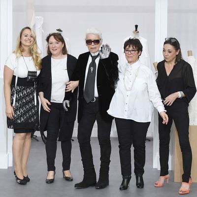 Karl Lagerfeld with his seamstresses at Chanel couture fall 2016.