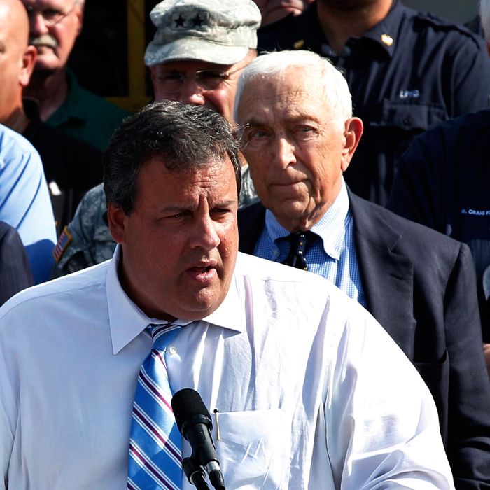 FILE In this Wednesday, Aug. 31, 2011 file photograph, Sen. Frank Lautenberg, right, D-NJ, listens as New Jersey Gov. Chris Christie addresses a gathering in Lincoln Park, N.J. An escalating war of words between the two men suggests a genuine and lasting mutual dislike. And it prompted an editorial Friday, April 20, 2012, from the state's largest newspaper, The Star-Ledger, appealing to both men to 