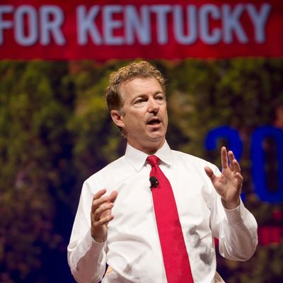 06 Jun 2014, Fort Worth, Texas, USA --- Republican U.S. Sen. Rand Paul of Kentucky speaks to delegates at the Republican Party of Texas convention in Fort Worth. Paul is considered an early front runner for the Republican nomination for president in 2016. --- Image by ? Bob Daemmrich/Corbis