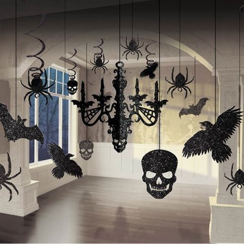 Set of 17 Hanging Glittery Black Halloween Decorations