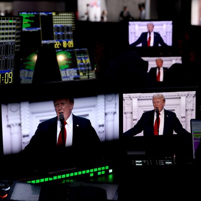 Former US President Donald Trump displayed on television monitors while speaking during the Republican National Convention