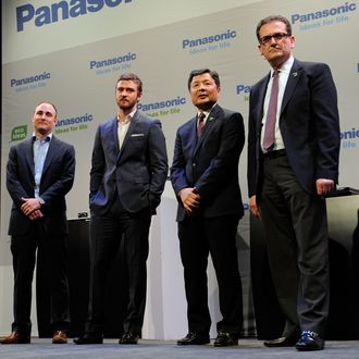 LAS VEGAS, NV - JANUARY 09: (L-R) Myspace CEO Tim Vanderhook, recording artist/actor Justin Timberlake, President of Panasonic Electronics Marketing Company of North America Shiro Kitajima and Panasonic Electronics Vice President of Content and Services Merwan Mereby appear during a press event to announce Myspace TV, a social TV service that will be available on Panasonic connected televisions, at The Venetian for the 2012 International Consumer Electronics Show (CES) January 9, 2012 in Las Vegas, Nevada. CES, the world's largest annual consumer technology trade show, runs from January 10-13 and is expected to feature 2,700 exhibitors showing off their latest products and services to about 140,000 attendees. (Photo by Ethan Miller/Getty Images)