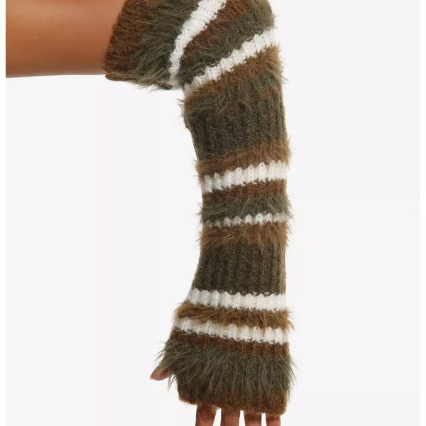 Green & Brown Stripe Fuzzy Arm Warmers