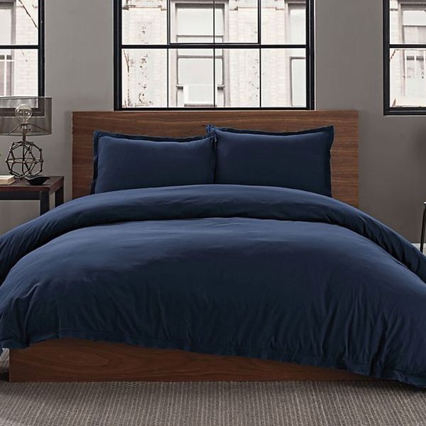 Garment Washed Solid Full/Queen Duvet Cover Set in Navy
