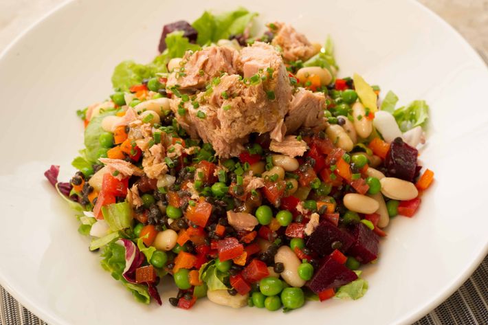The Fred's Pressman salad: cherry tomatoes, cucumber, peas, lentils, white beans, and beets with Italian tuna.