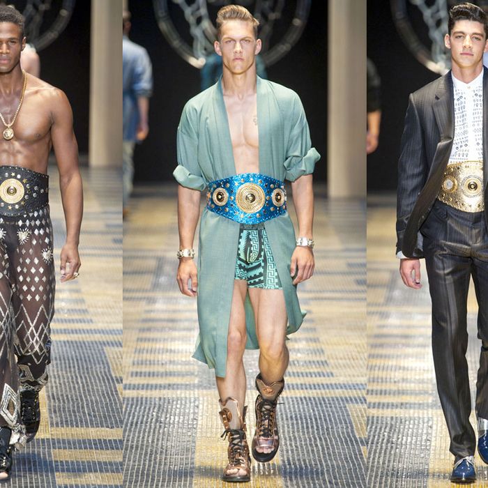 Three looks from Versace's spring 2013 menswear show.