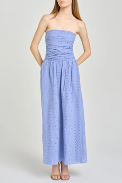 WAYF Pippa Gathered Eyelet Strapless Cotton Midi Dress