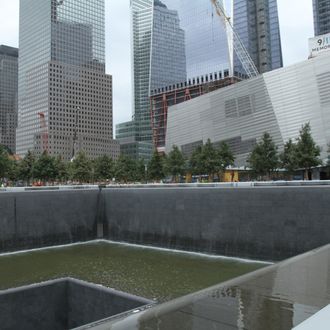NEW YORK, NY - JULY 23, 2011: (EXCLUSIVE, Premium Rates Apply) The Memorial Pools are tested with water for the first time as construction continues at Ground Zero in Manhattan July, 23 2011 in New York City. The site is where the World Trade Center stood before the Sept. 11, 2001 terrorist attacks. (Photo by Steven Rosenbaum/Getty Images)