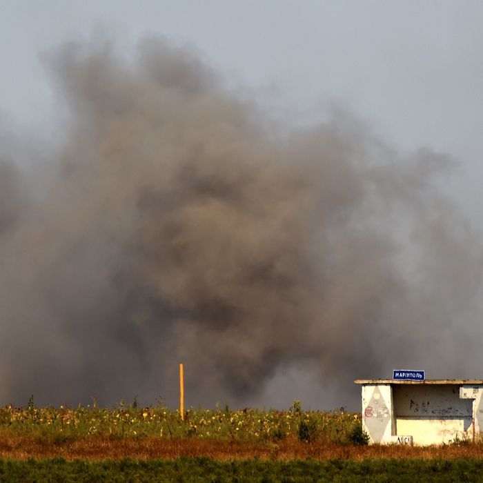 A photo taken on September 5, 2014 shows a smoky landscape after pro-Russian separatists fired heavy artillery, on the outskirts of the key southeastern port city of Mariupol. 