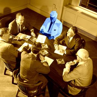 01 Jan 1954 --- 1950s 1960s SIX BUSINESSMEN EXECUTIVES MANAGERS SALESMEN MEETING AROUND CORPORATE CONFERENCE TABLE -