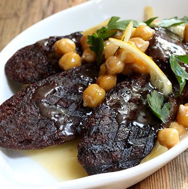 Grilled Spanish blood sausage, preserved lemon chickpeas