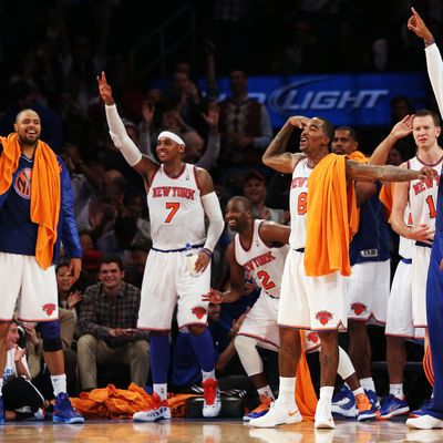 NEW YORK, NY - NOVEMBER 02: The New York Knicks bench celebrate a fourth quarter three pointer against the Miami Heat at Madison Square Garden on November 2, 2012 in New York City. NOTE TO USER: User expressly acknowledges and agrees that, by downloading and or using this photograph, user is consenting to the terms and conditions of the Getty Images License Agreement. (Photo by Nick Laham/Getty Images)