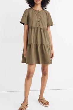 Madewell Button-Front Short-Sleeve Tiered Mini Dress