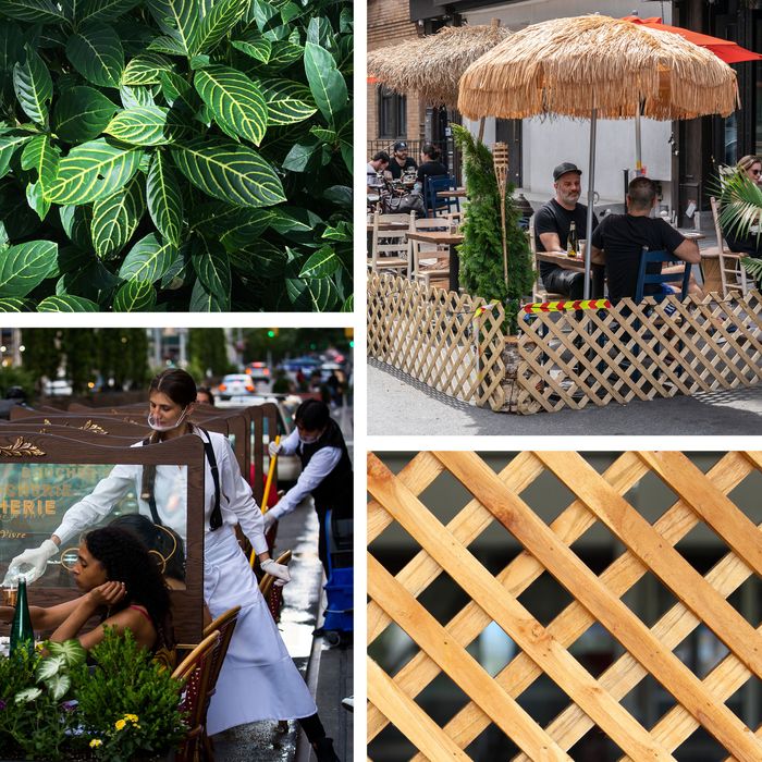 A grid of images showing outdoor restaurants enclosed in trellises, planter boxes, and cordons