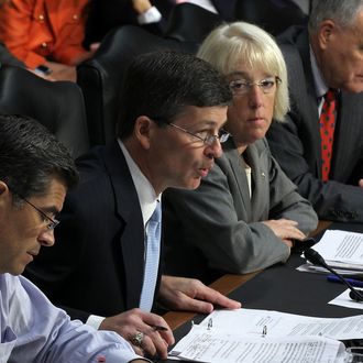 WASHINGTON, DC - SEPTEMBER 13: Committee co-chair Rep. Jeb Hensarling (R-TX) (2nd L) speaks as (L-R) Rep. Xavier Becerra (D-CA), co-chair Sen. Patty Murray (D-WA), Sen. Jon Kyl (R-AZ), and Sen. Max Baucus (D-MT) listen during a hearing before the Joint Deficit Reduction Committee, also known as the supercommittee, September 13, 2011 on Capitol Hill in Washington, DC. The committee heard from Congressional Budget Office Director Douglas Elmendorf on 