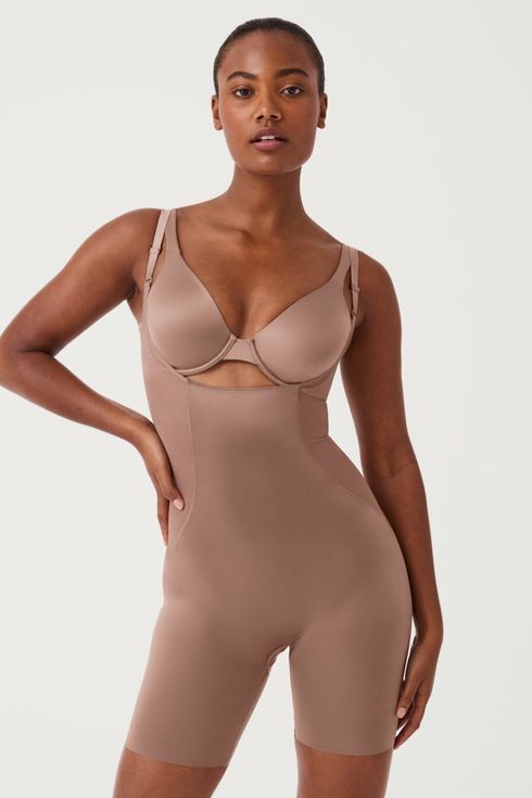 Spanx Satin Shaping Mesh Open-Bust Mid-Thigh Bodysuit