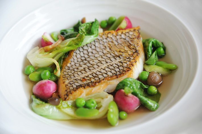 Black bass, bok choy, and mushroom broth.