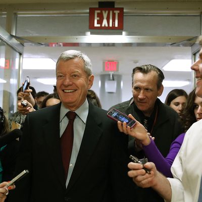 WASHINGTON, DC - APRIL 23: Sen. Max Baucus (D-MT) is trailed by reporters April 23, 2013 on Capitol Hill in Washington, DC. It was announced earlier that Baucus, after 36 years in the Senate, will not seek reelection in 2014. (Photo by Mark Wilson/Getty Images)