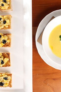 Chilled Chino Farms zucchini and burrata soup, corn bruschetta, huitlacoche