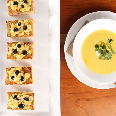 Chilled Chino Farms zucchini and burrata soup, corn bruschetta, huitlacoche