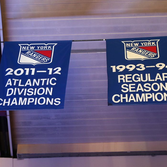 The New York Rangers 2011-12 Atlantic Division Championship banner as photographed prior to a game between the Chicago Bulls and the New York Knicks at Madison Square Garden on December 21, 2012 in New York City. 