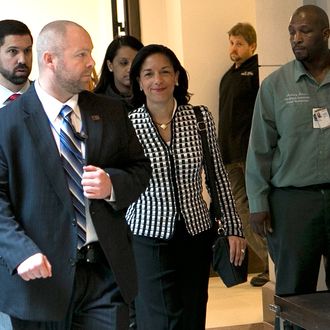 WASHINGTON, DC - NOVEMBER 28: U.S. Ambassador to the United Nations, Susan Rice (C), arrives for a meeting with Sen. Susan Collins (R-ME) at the U.S. Capitol November 28, 2012 in Washington, DC. Rice has been meeting with members of Congress over the past two days to explain her position on remarks made regarding the attack on the U.S. consulate in Benghazi, Libya. (Photo by Win McNamee/Getty Images)