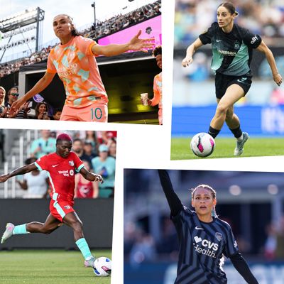 A collage shows four women's soccer players in motion.