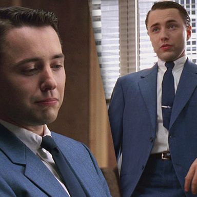 See the slight widow's peak? It begins. (Also, Pete wears this blue suit — or at least a blue suit — constantly. These photos weren't cherry-picked for blue-suitness. Just for hair.)