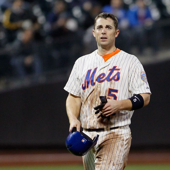 David Wright #5 of the New York Mets reacts after being thrown out at second base on stolen base attempt during the game against the Milwaukee Brewers at CitiField on May 15, 2012 in the Flushing neighborhood of the Queens borough of New York City.