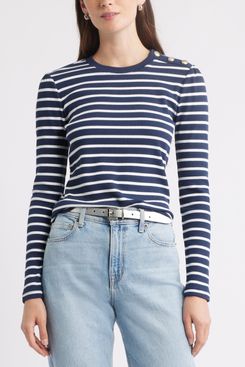 Caslon Stripe Button Shoulder Long Sleeve Rib T-Shirt