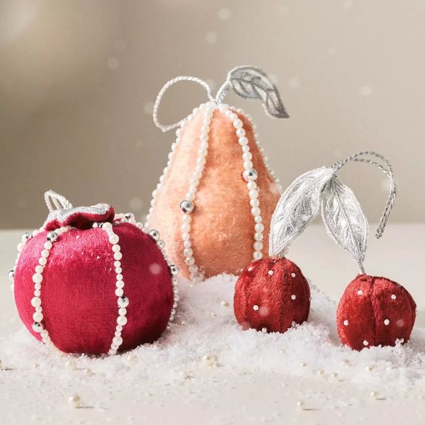 Anthropologie Pearled Velvet Fruit Ornament