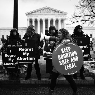 A reproductive-rights protester disrupts an anti-abortion rally.