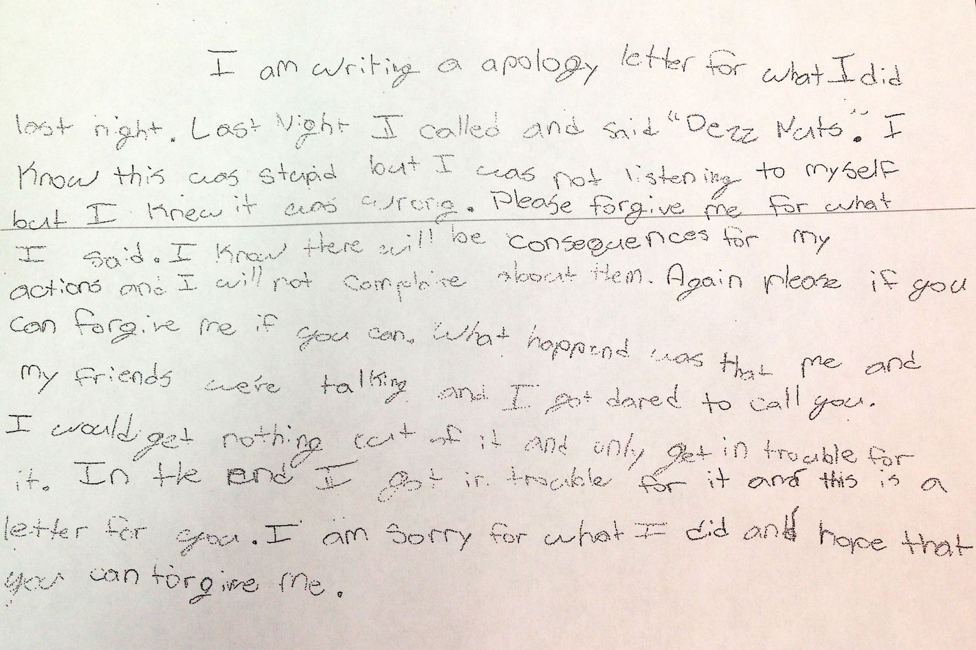 6th Grader Pens Handwritten Apology For Calling 911 And Yelling Deez Nuts