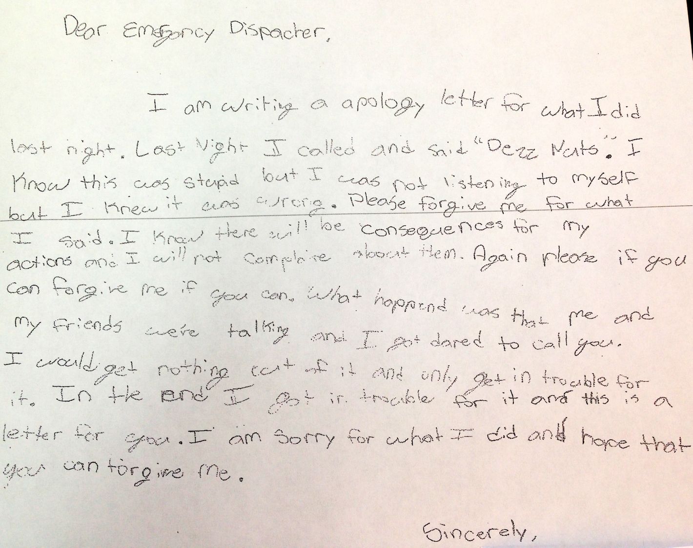 6th Grader Pens Handwritten Apology For Calling 911 And Yelling Deez Nuts