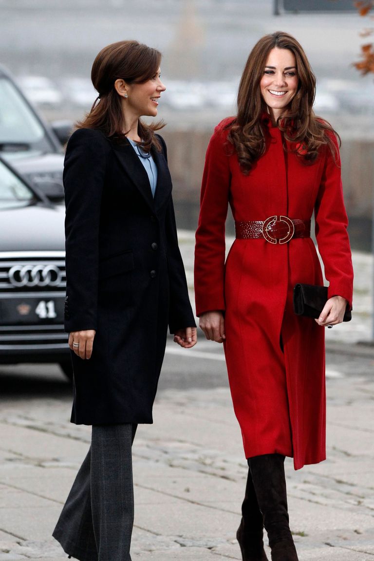COPENHAGEN, DENMARK - NOVEMBER 2:  Catherine, Duchess of Cambridge (R) and Crown Princess Mary of Denmark arrive for a visit to the UNICEF Emergency Supply Centre on November 2, 2011 in Copenhagen, Denmark. Catherine, Duchess of Cambridge and Prince William, Duke of Cambridge visited the centre to view efforts to distribute emergency food and medical supplies to eastern Africa where severe food shortages are affecting more than 13 million people. (Photo by Phil Noble - WPA Pool/Getty Images)
