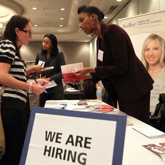 A job seeker (L) meets with a recruiter during the East Bay HIREvent career fair at Centre Concord on June 5, 2012 in Concord, California. Job seekers met with recruiters who were offering a total of 700 jobs during the East Bay HIREvent. According to reports the U.S. unemployment rate for May was at 8.2 percent.