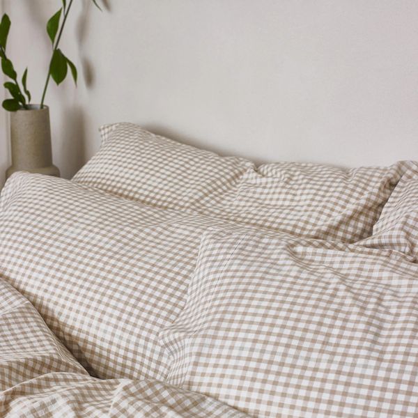 Piglet in Bed Cafe au Lait Small Gingham Cotton Pillowcase (Pair)