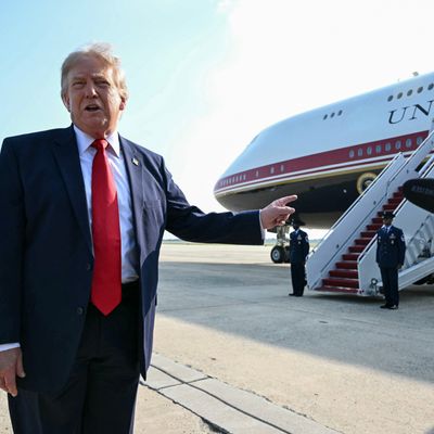 US President Donald Trump speaks to the press before he boards Air Force One for his first flight aboard the Qatar-gifted Boeing 747-8 which is now the new Air Force One.