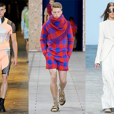 From left: new menswear looks from Mugler, Louis Vuitton, and Rick Owens.