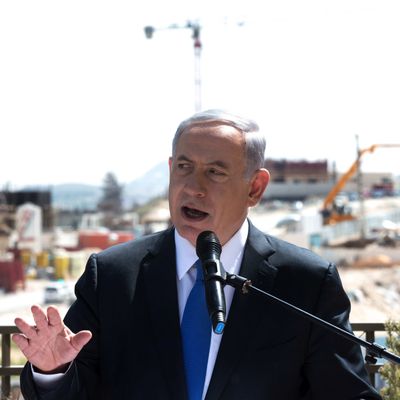 Israeli Prime Minister and Likud party's candidate running for general elections, Benjamin Netanyahu gives a statement to the press during his visit in Har Homa, an Israeli settlement neighbourhood of annexed east Jerusalem, on March 16, 2015 on the eve of Israels general elections. AFP PHOTO / MENAHEM KAHANA (Photo credit should read MENAHEM KAHANA/AFP/Getty Images)