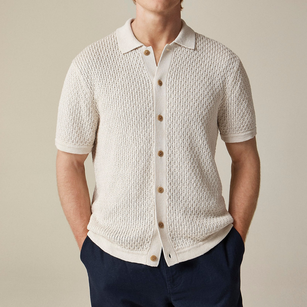 J. Crew Short-sleeve linen texture-stitch cardigan sweater-polo