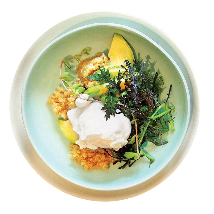 Poached egg with miso quinoa.