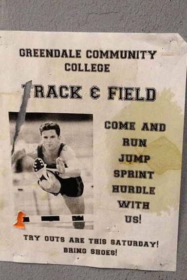 This poster for the track team contains a very considerate reminder about the importance of footwear.