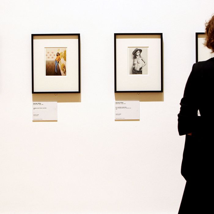 A woman looking at works by Hannah Wilke.