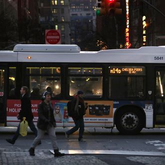 NEW YORK, NY - DECEMBER 19: A crosstown bus makes its way through Union Square on December 19, 2012 in New York City. Following the recommendation of outgoing Chairman Joseph Lhota, the Metropolitan Transportation Authority (MTA) board approved fare and toll hikes Wednesday. The hikes, which will go into effect in March, include raising the base fare from $2.25 to $2.50, the 7-day MetroCard from $29 to $30 and the 30-day MetroCard from $104 to $112. (Photo by Spencer Platt/Getty Images)