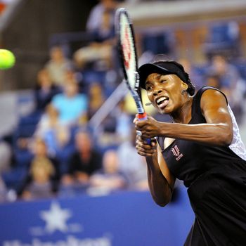 US tennis player Venus Williams returns a shot against Russia's Vesna Dolonts during their US Open 2011 match.