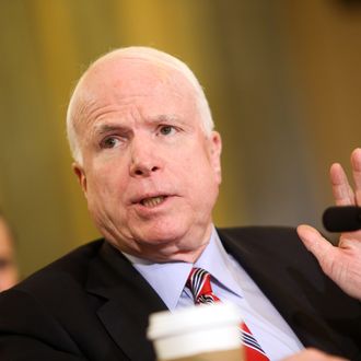 WASHINGTON, DC - MAY 14: Sen. John McCain (R-AZ) testifies before a Senate Commerce, Science and Transportation Committee hearing on the state of video, on Capitol Hill May 14, 2013 in Washington, DC. The committee discussed unbundling cable services and the impact of changing technology, among other topics. (Photo by Allison Shelley/Getty Images)