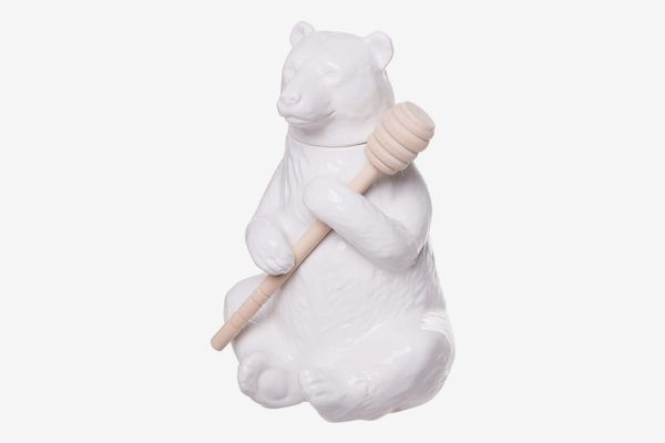 Red Co. Charming Ceramic Bear Honey Pot with Bamboo Honey Dipper