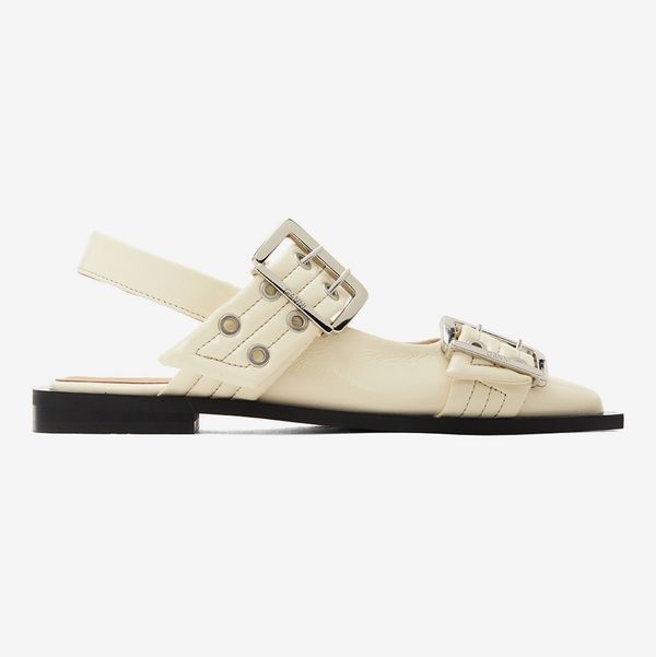 Ganni White Wide Welt Buckle Ballerina Flats